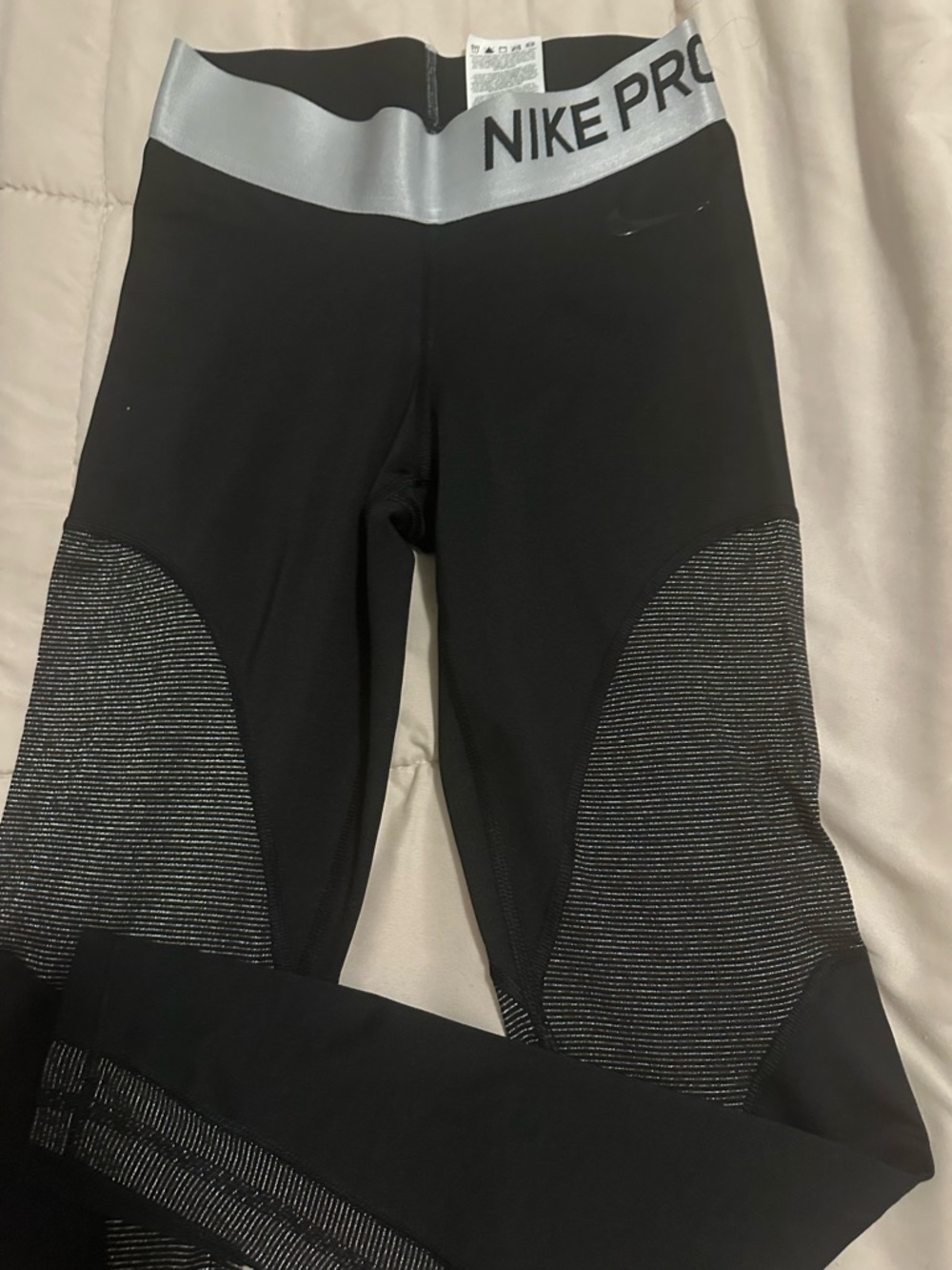 Nike Black Leggings with Silver NIKE PRO Waistband and Gray Textured Panels
